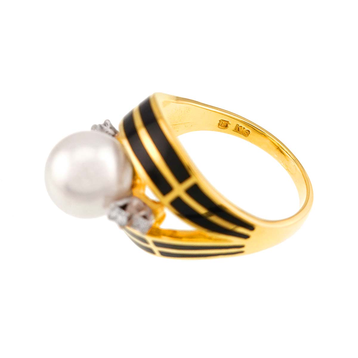 Akoya Pearl 8.1mm Diamond Onyx Ring 18K YG 750 Size5.25(US)