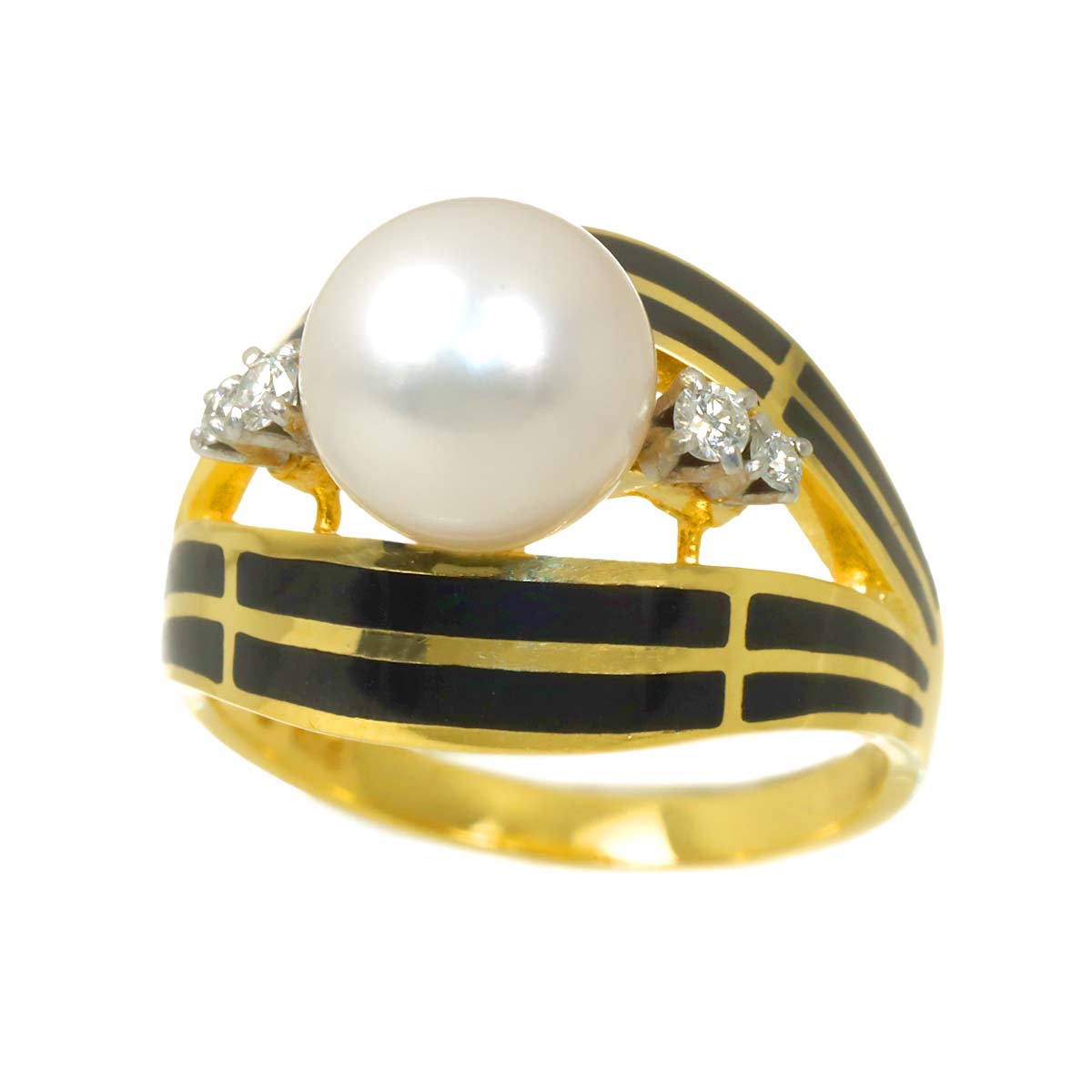 Akoya Pearl 8.1mm Diamond Onyx Ring 18K YG 750 Size5.25(US)