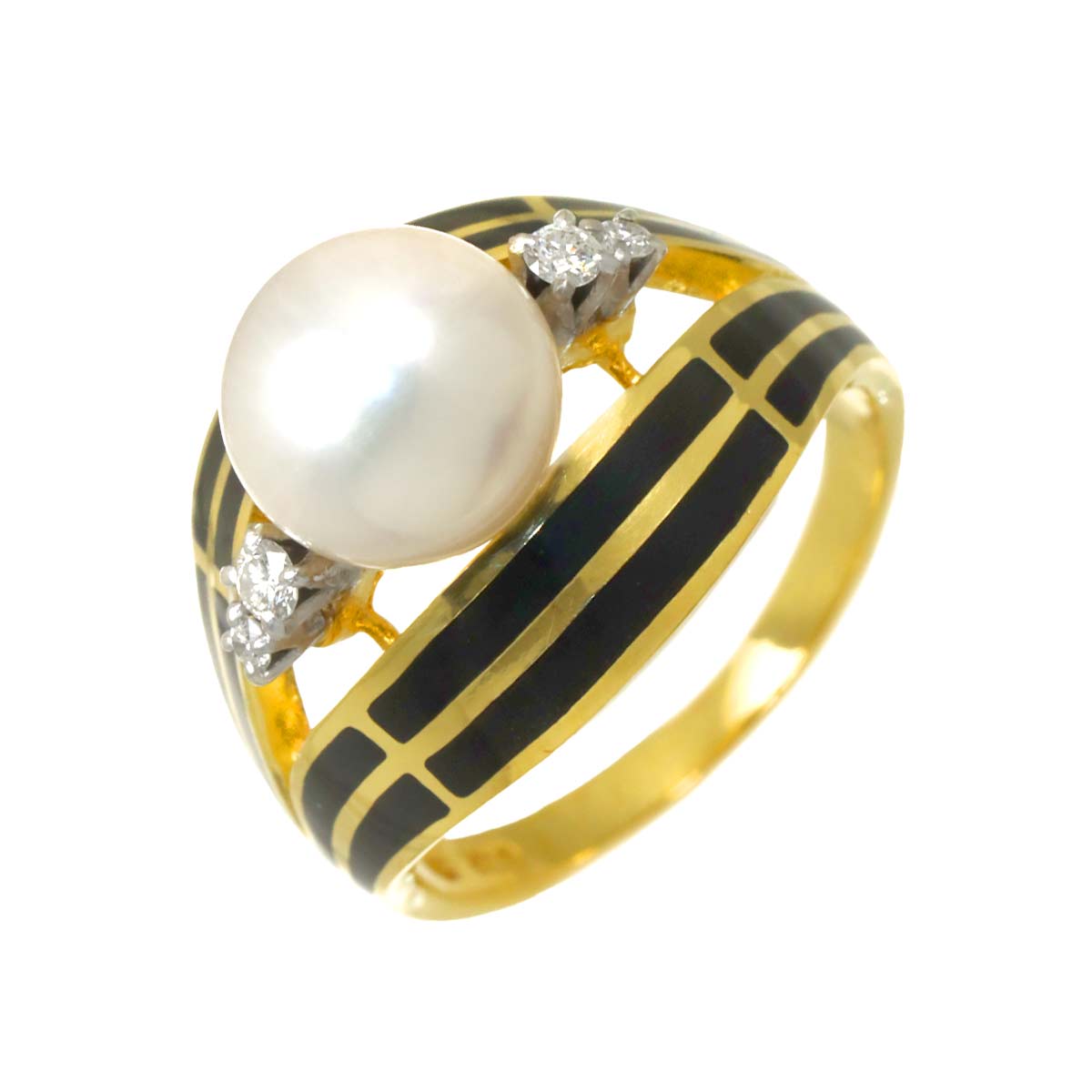 Akoya Pearl 8.1mm Diamond Onyx Ring 18K YG 750 Size5.25(US)