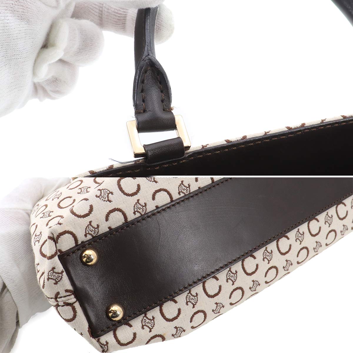 C Macadam Hand Bag Canvas Leather Beige Brown Purse