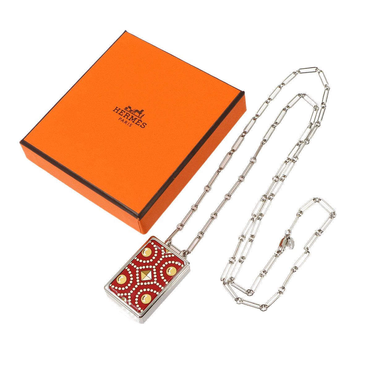 HERMES Boite a Reves Pendant Necklace Silver Red