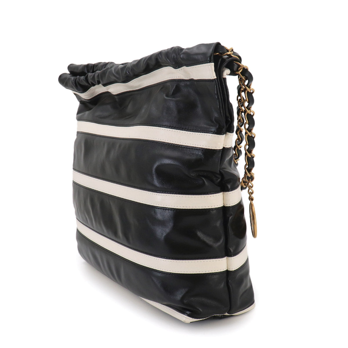 CHANEL 22 Small Chain Shoulder Bag Leather Black White Stripe AS3260
