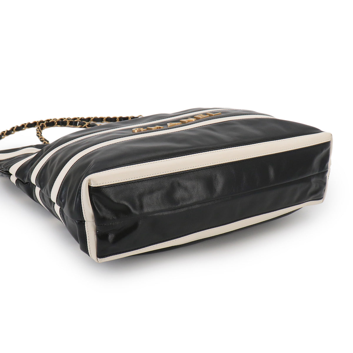 CHANEL 22 Small Chain Shoulder Bag Leather Black White Stripe AS3260