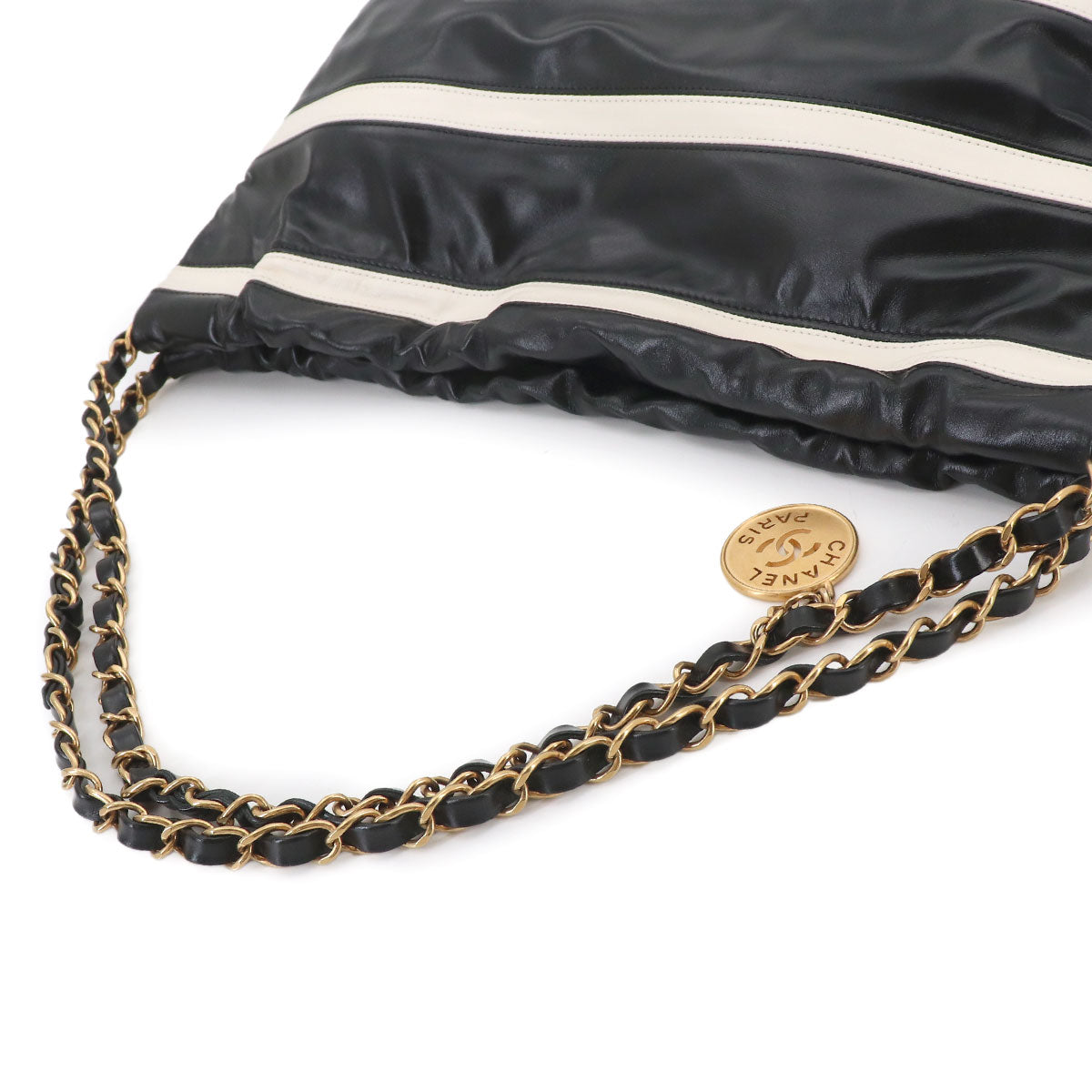 CHANEL 22 Small Chain Shoulder Bag Leather Black White Stripe AS3260