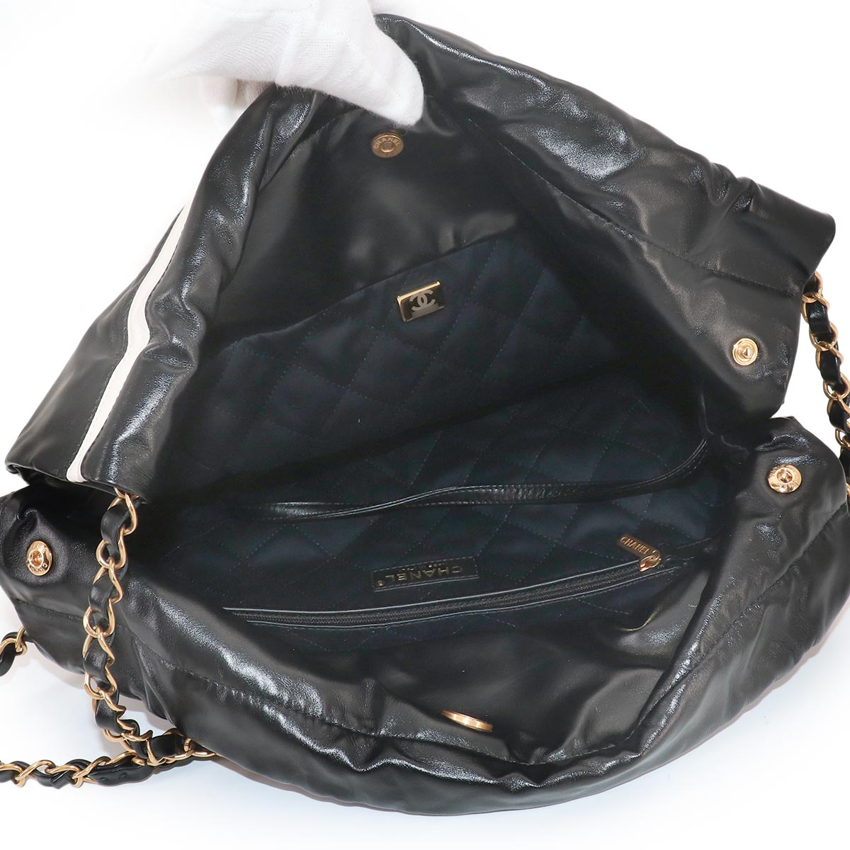 CHANEL 22 Small Chain Shoulder Bag Leather Black White Stripe AS3260