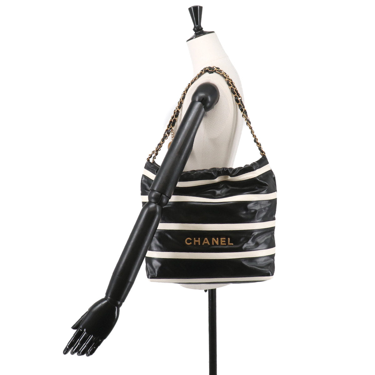CHANEL 22 Small Chain Shoulder Bag Leather Black White Stripe AS3260