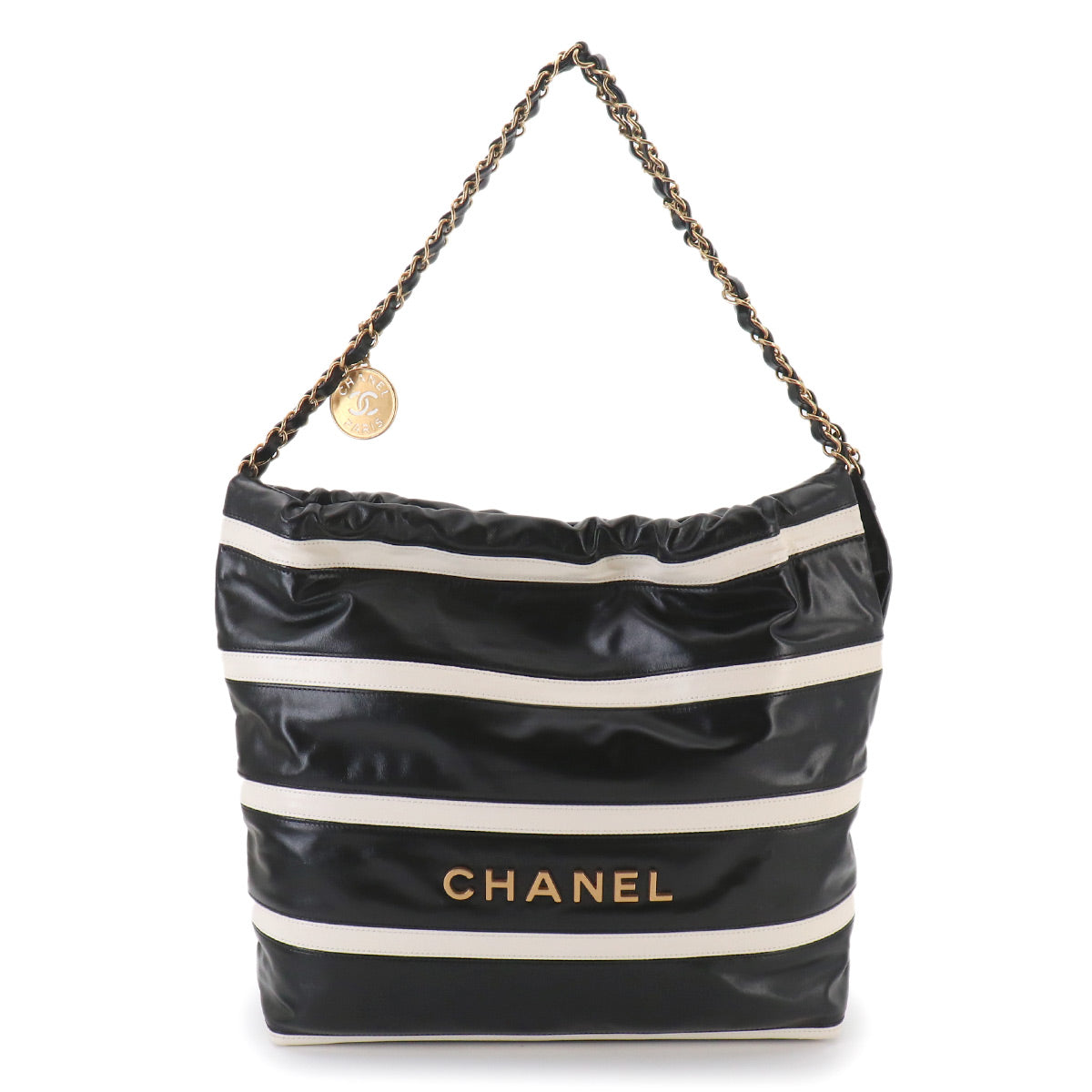 CHANEL 22 Small Chain Shoulder Bag Leather Black White Stripe AS3260