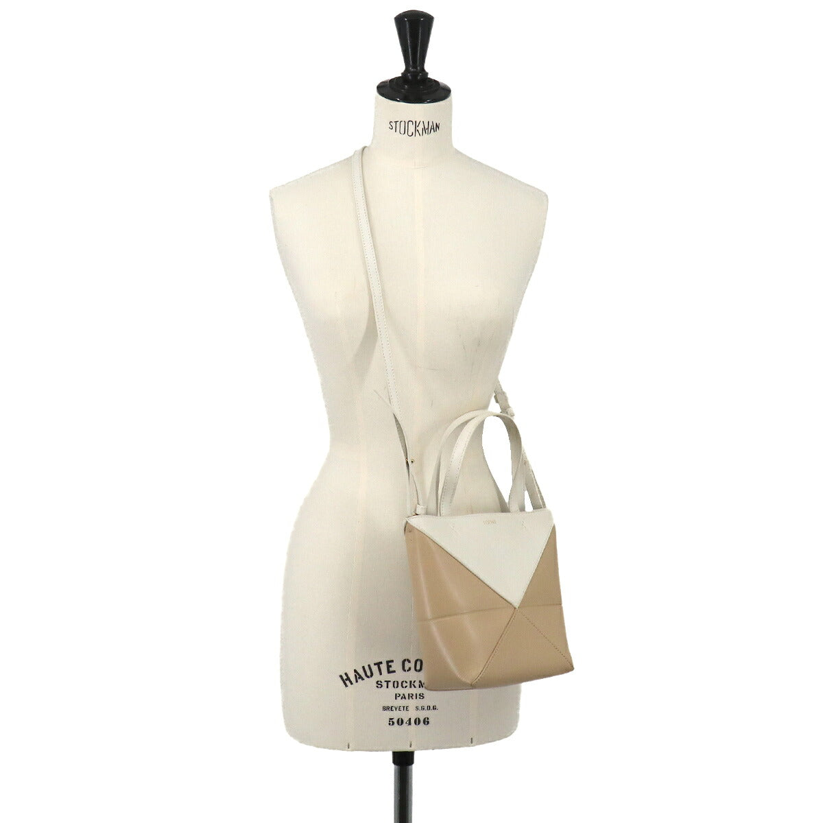 Mini Puzzle Fold 2way Tote Shoulder Bag Leather Beige White