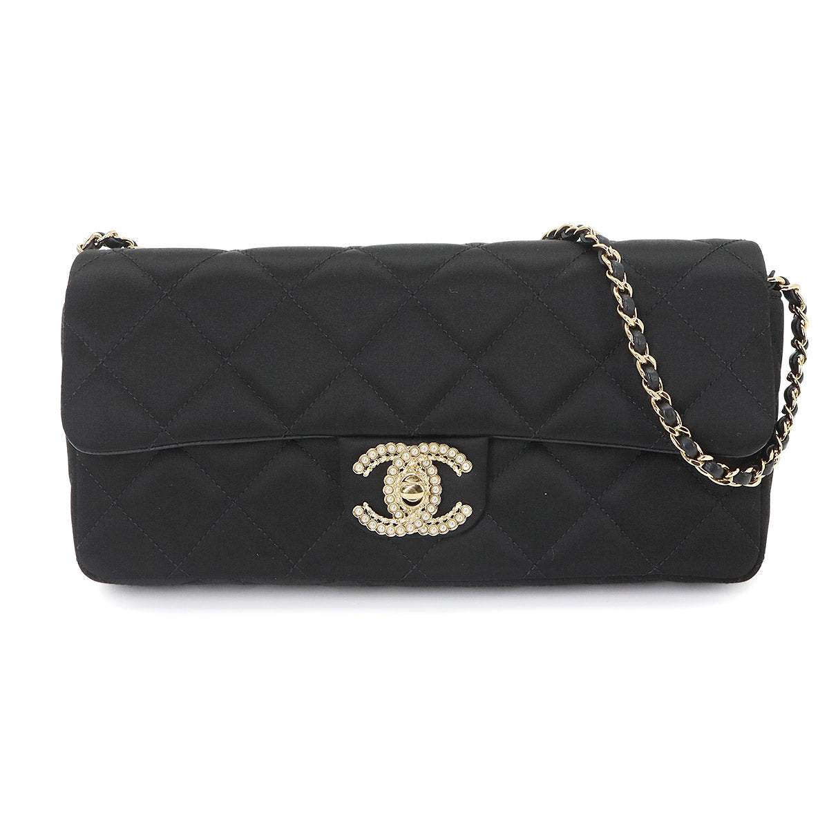 Matelasse Chain Shoulder Bag Satin Black Purse