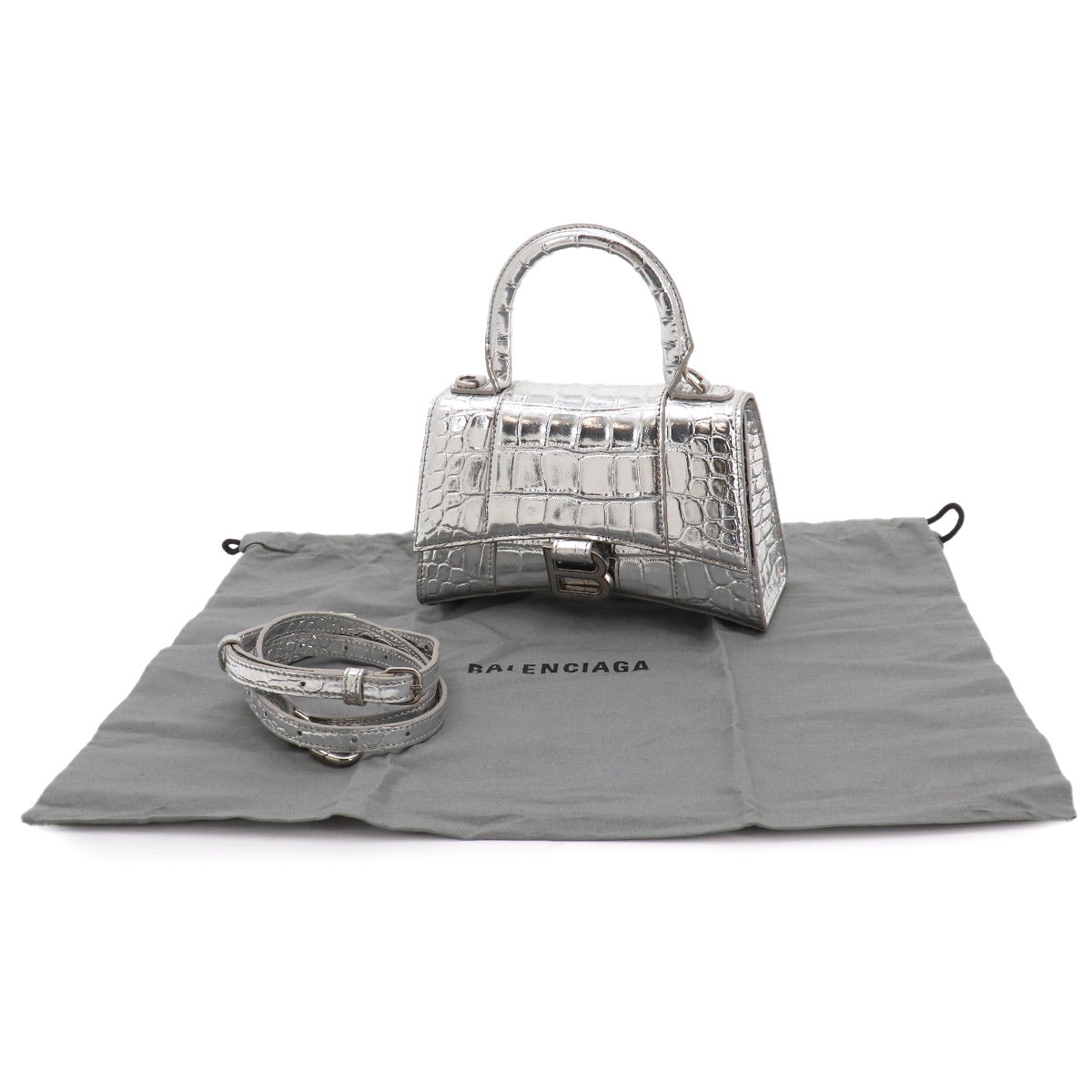 Hourglass XS Hand Shoulder Bag Leather Silver 592833