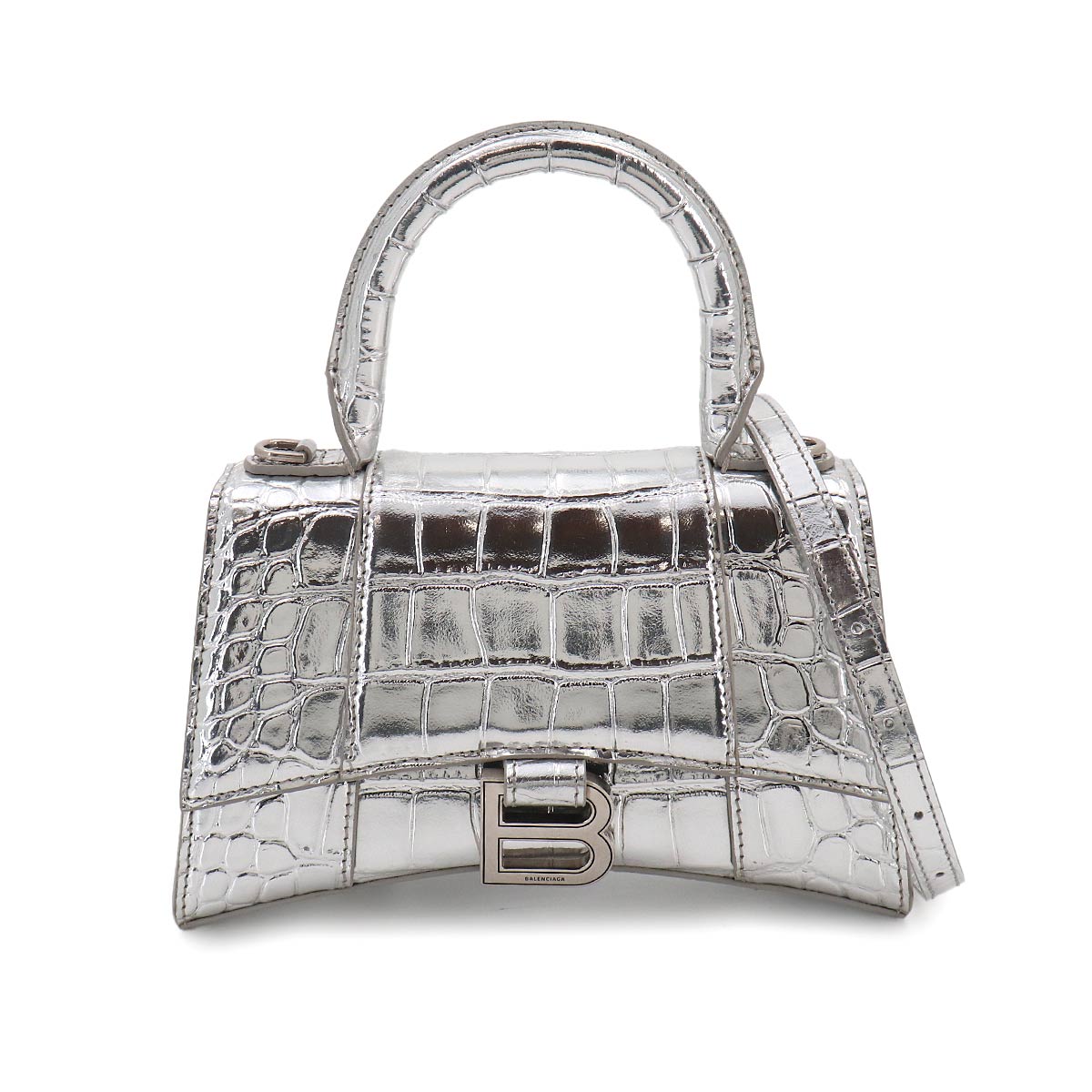 Hourglass XS Hand Shoulder Bag Leather Silver 592833