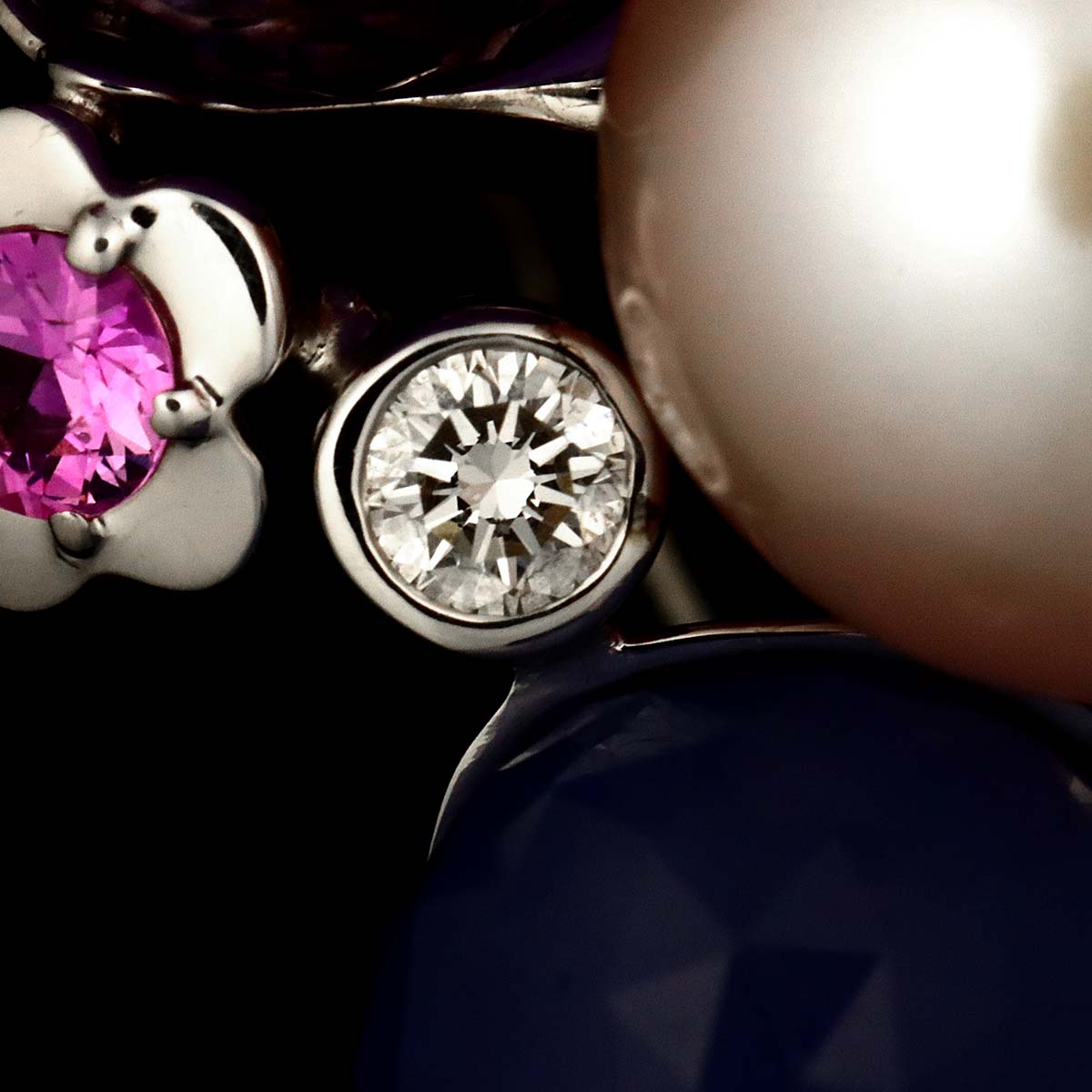 Mademoiselle Pearl Multi Stone Ring 18K WG 750 size53 6(US)