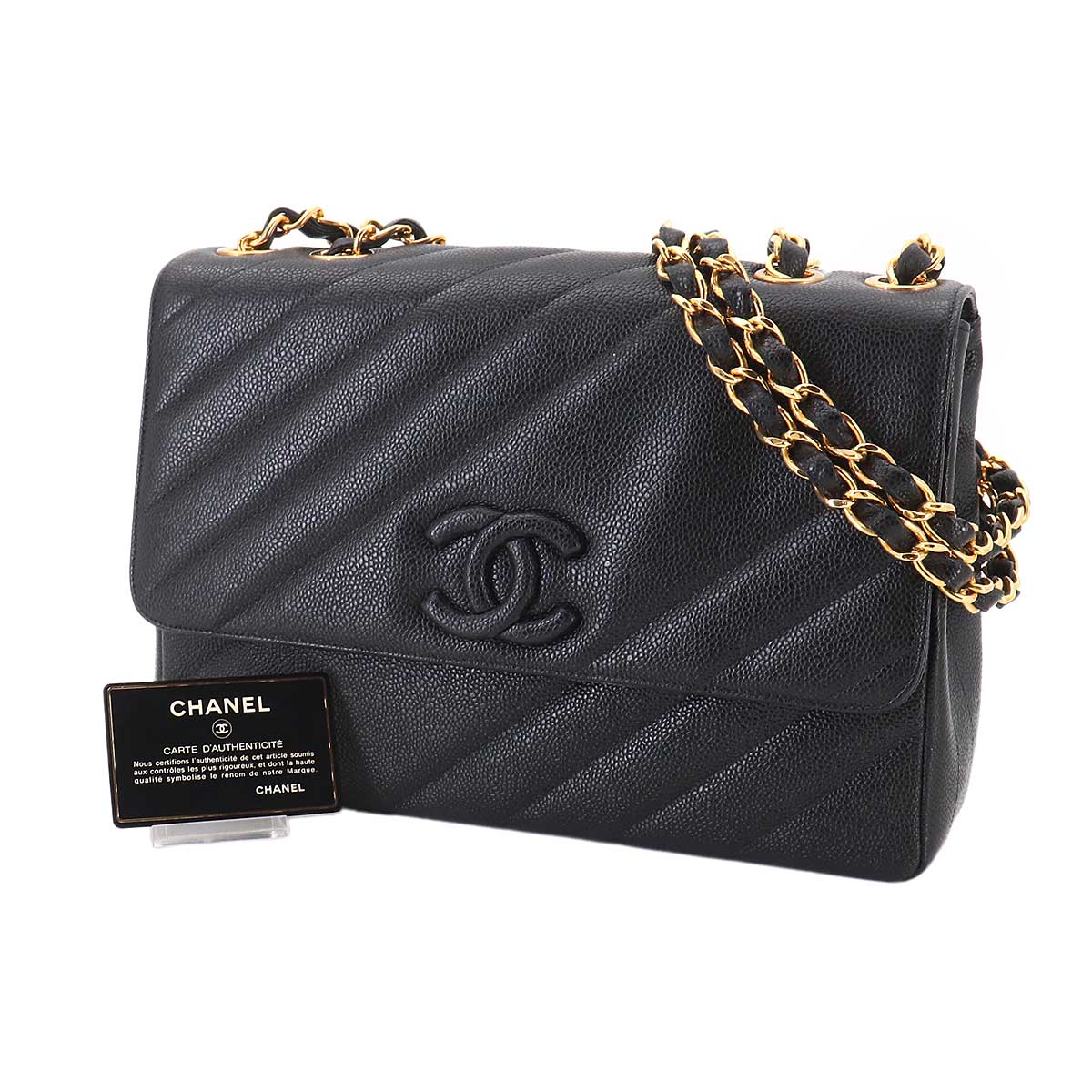 Chain Shoulder Bag Leather Black Purse Vintage CC