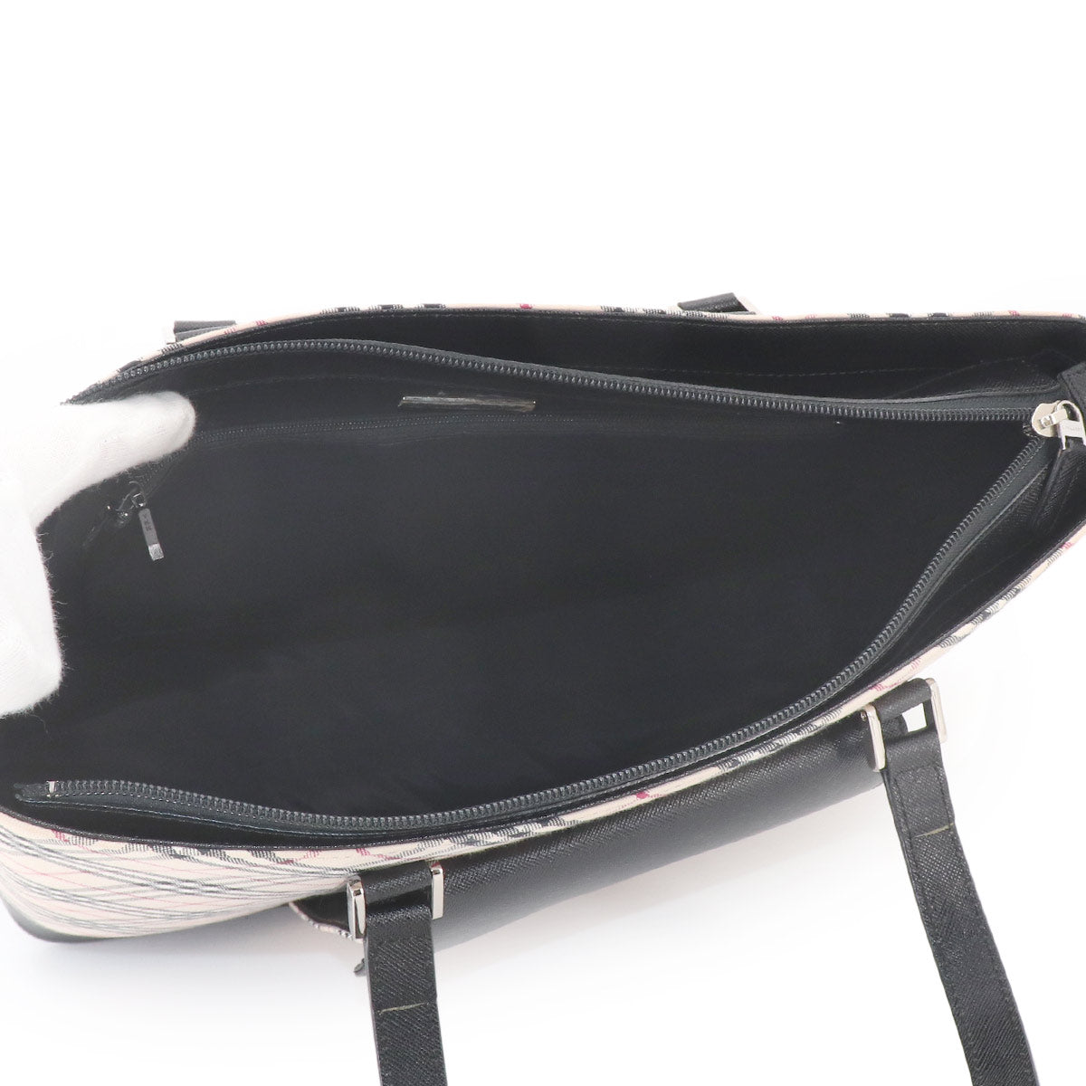 Plaid Tote Bag Canvas Leather Beige Black Purse