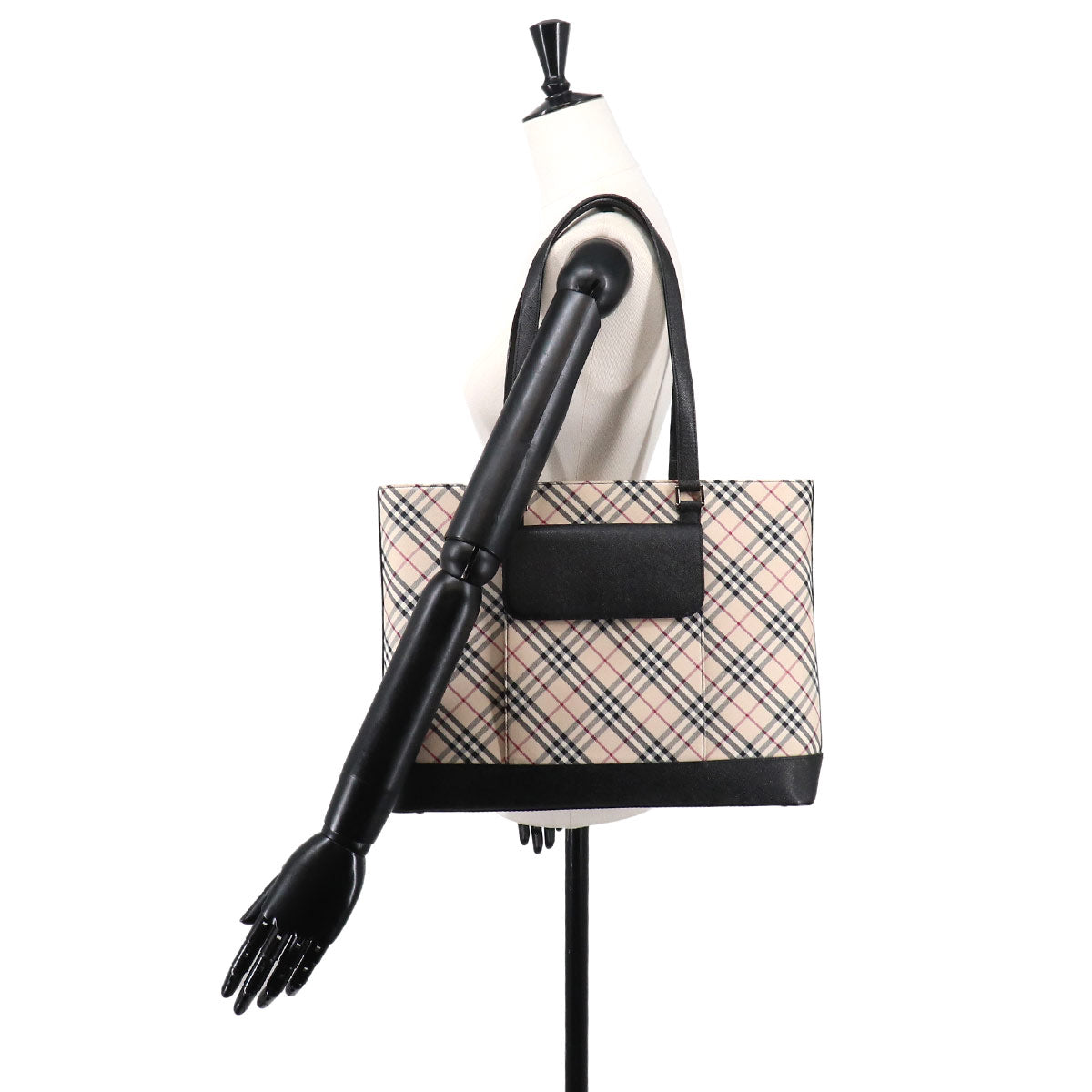 Plaid Tote Bag Canvas Leather Beige Black Purse