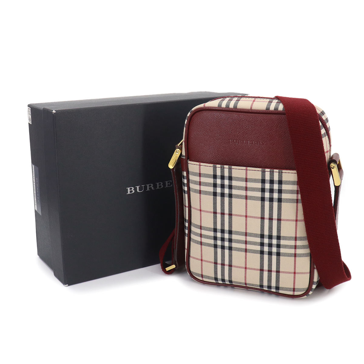 Plaid Shoulder Bag Canvas Leather Beige Bordeaux Purse