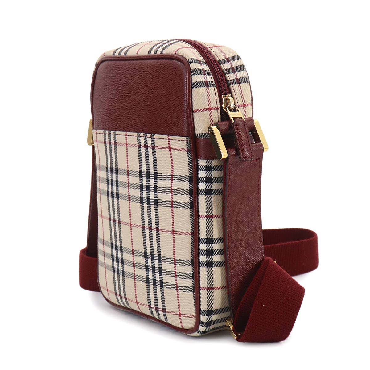 Plaid Shoulder Bag Canvas Leather Beige Bordeaux Purse
