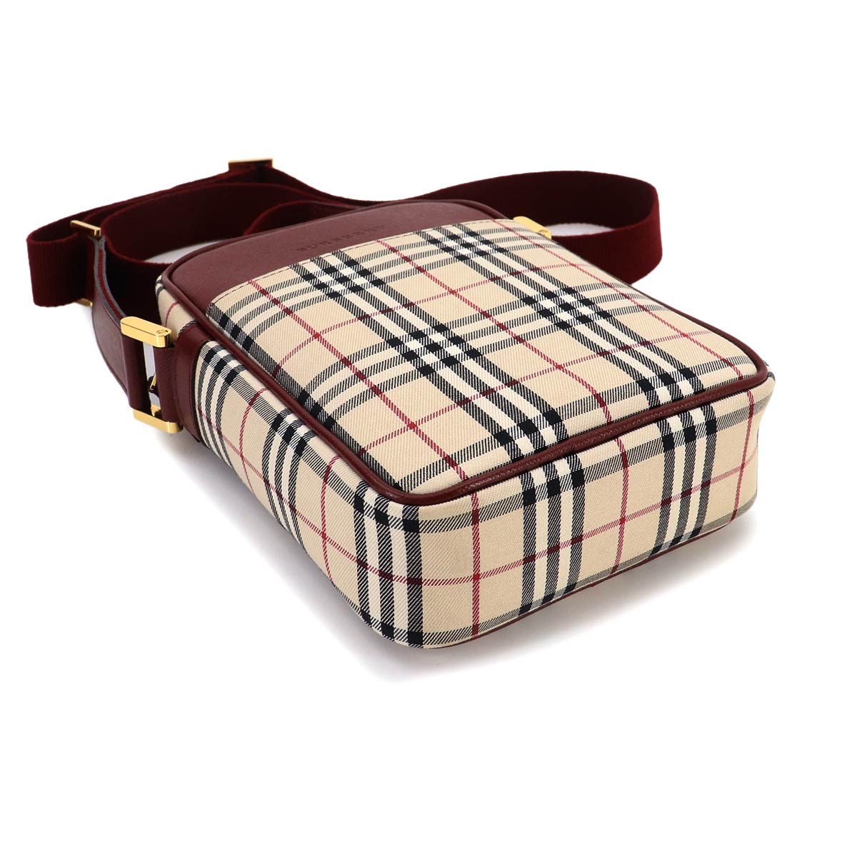 Plaid Shoulder Bag Canvas Leather Beige Bordeaux Purse