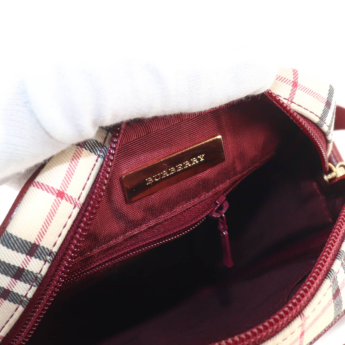 Plaid Shoulder Bag Canvas Leather Beige Bordeaux Purse