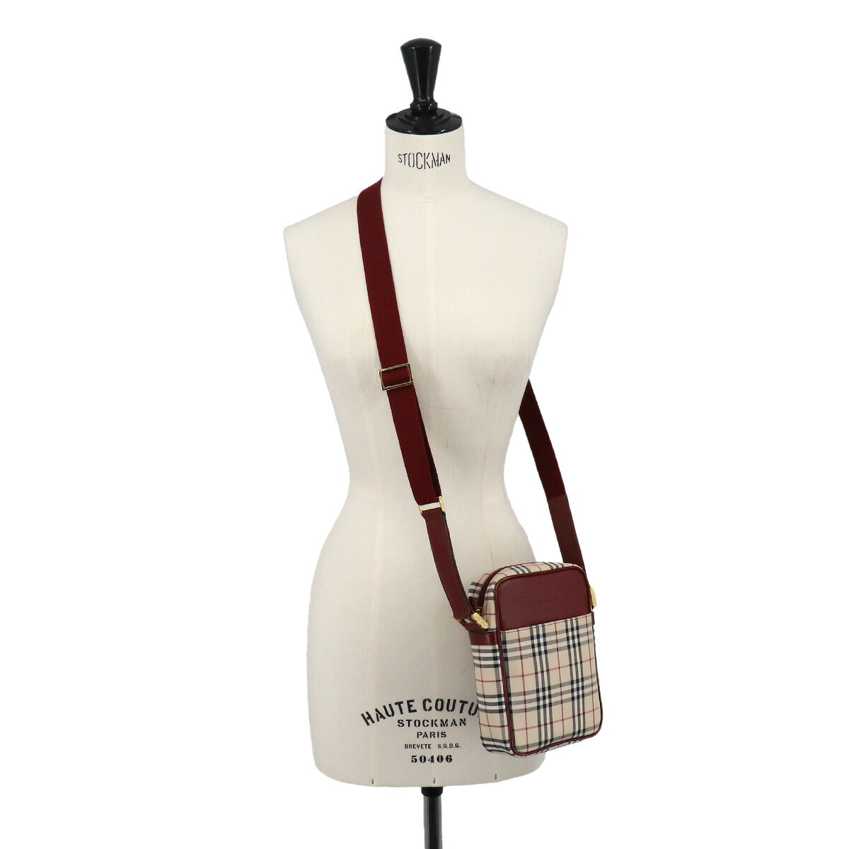 Plaid Shoulder Bag Canvas Leather Beige Bordeaux Purse