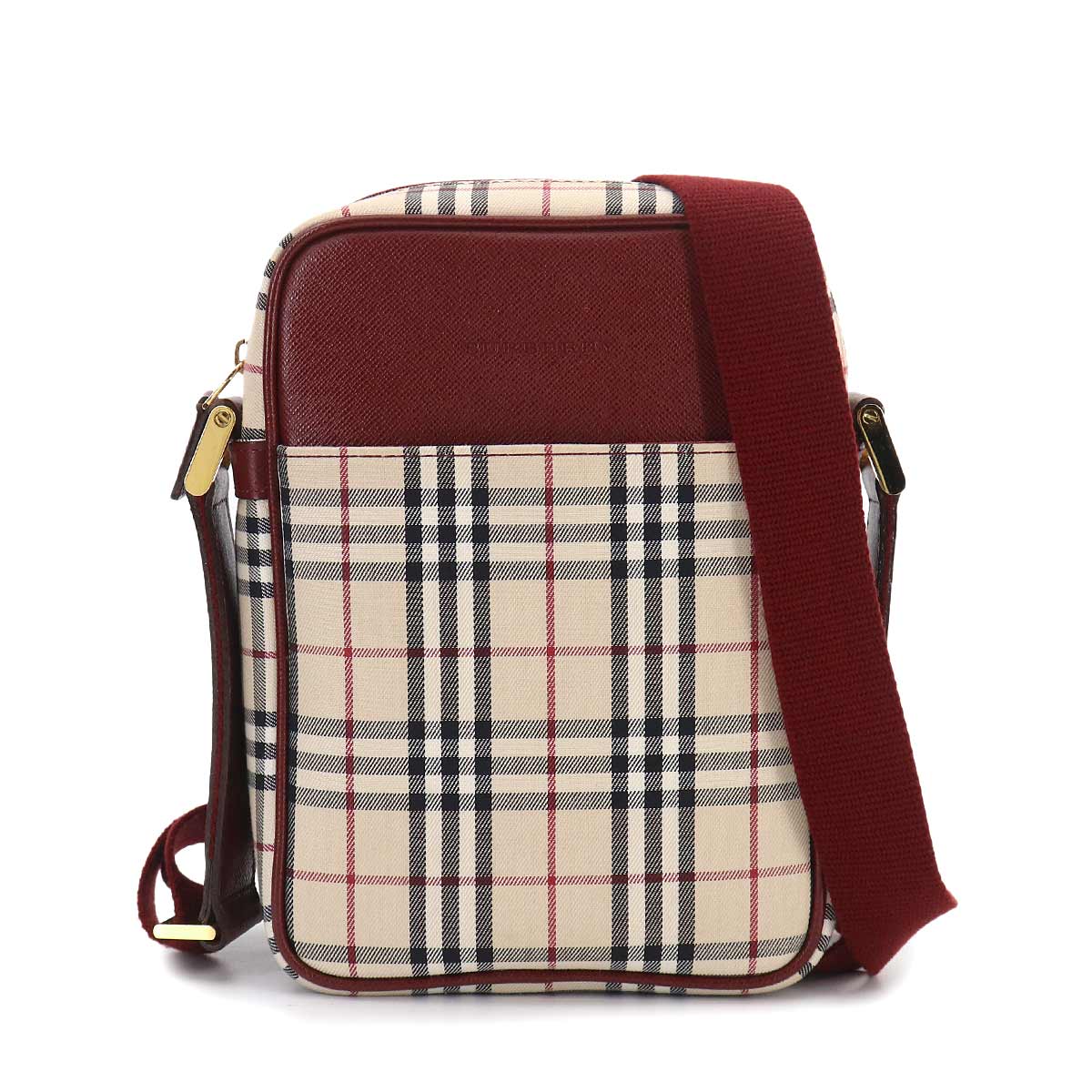 Plaid Shoulder Bag Canvas Leather Beige Bordeaux Purse