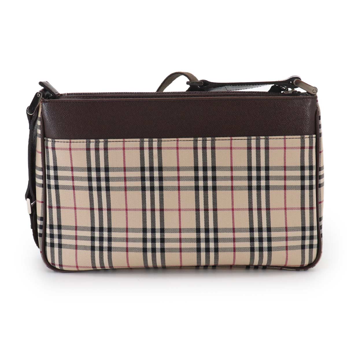 Plaid Shoulder Bag Canvas Leather Beige Brown Purse