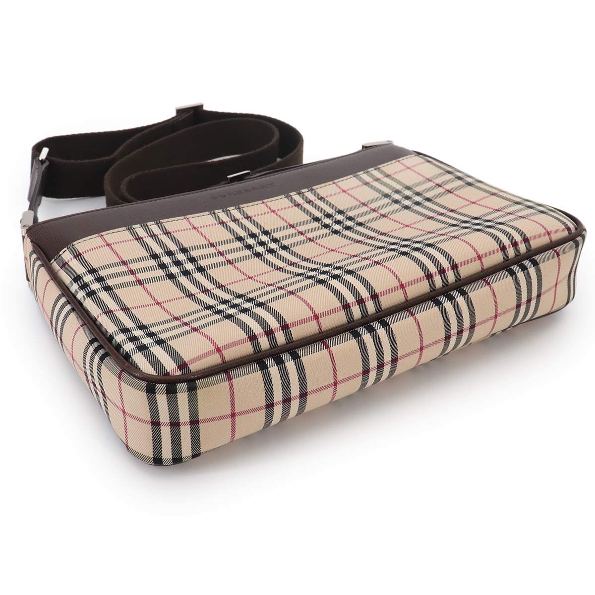 Plaid Shoulder Bag Canvas Leather Beige Brown Purse