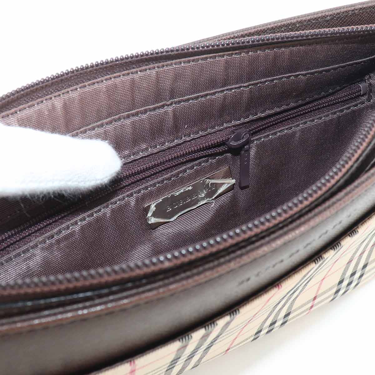 Plaid Shoulder Bag Canvas Leather Beige Brown Purse