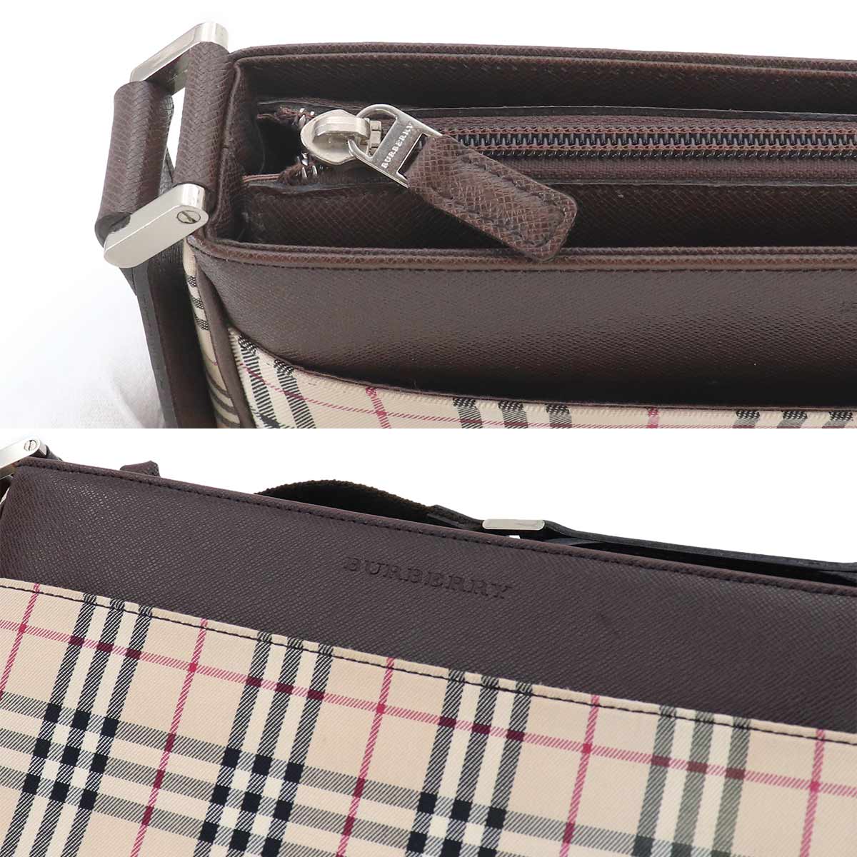Plaid Shoulder Bag Canvas Leather Beige Brown Purse