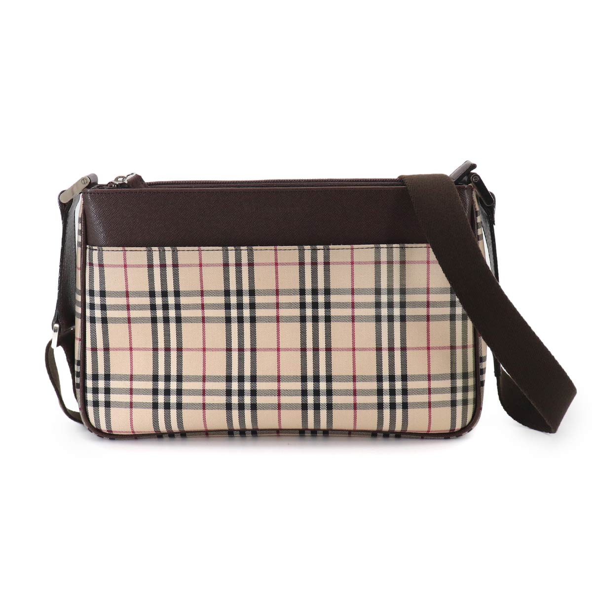 Plaid Shoulder Bag Canvas Leather Beige Brown Purse
