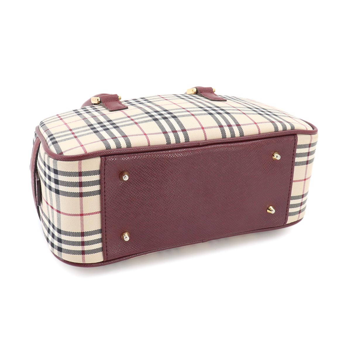 Plaid Mini Boston Hand Bag Canvas Leather Beige Bordeaux