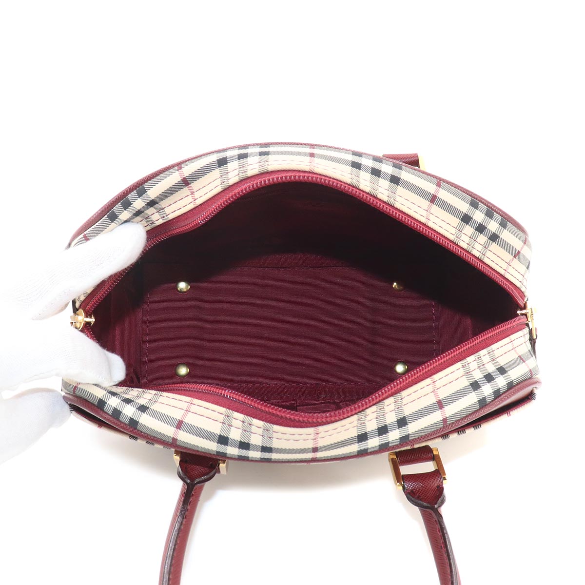 Plaid Mini Boston Hand Bag Canvas Leather Beige Bordeaux