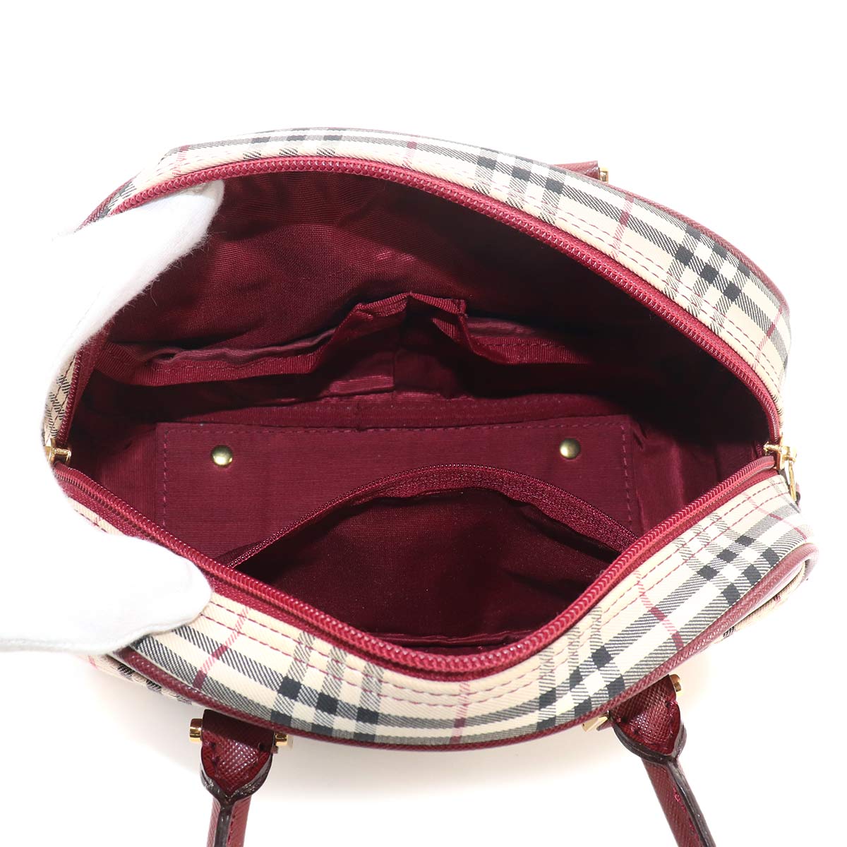Plaid Mini Boston Hand Bag Canvas Leather Beige Bordeaux