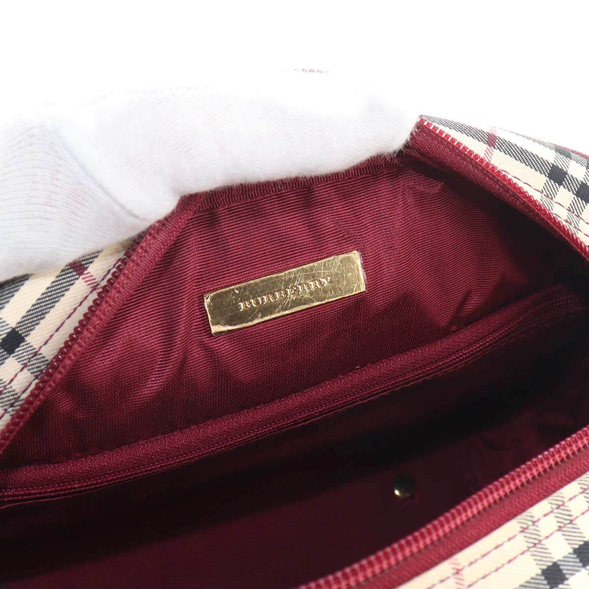 Plaid Mini Boston Hand Bag Canvas Leather Beige Bordeaux