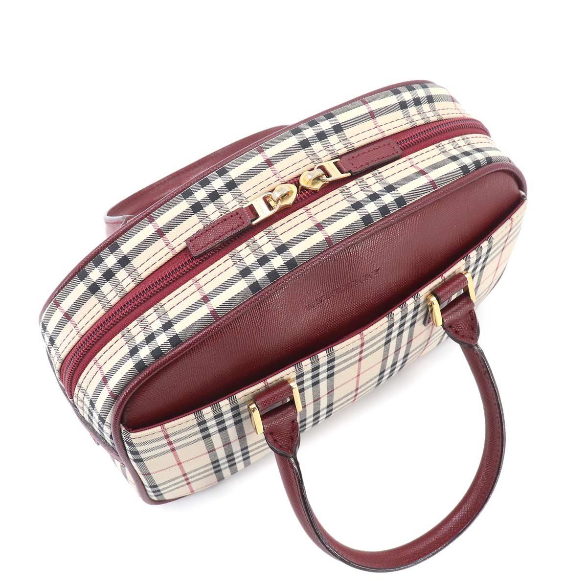 Plaid Mini Boston Hand Bag Canvas Leather Beige Bordeaux