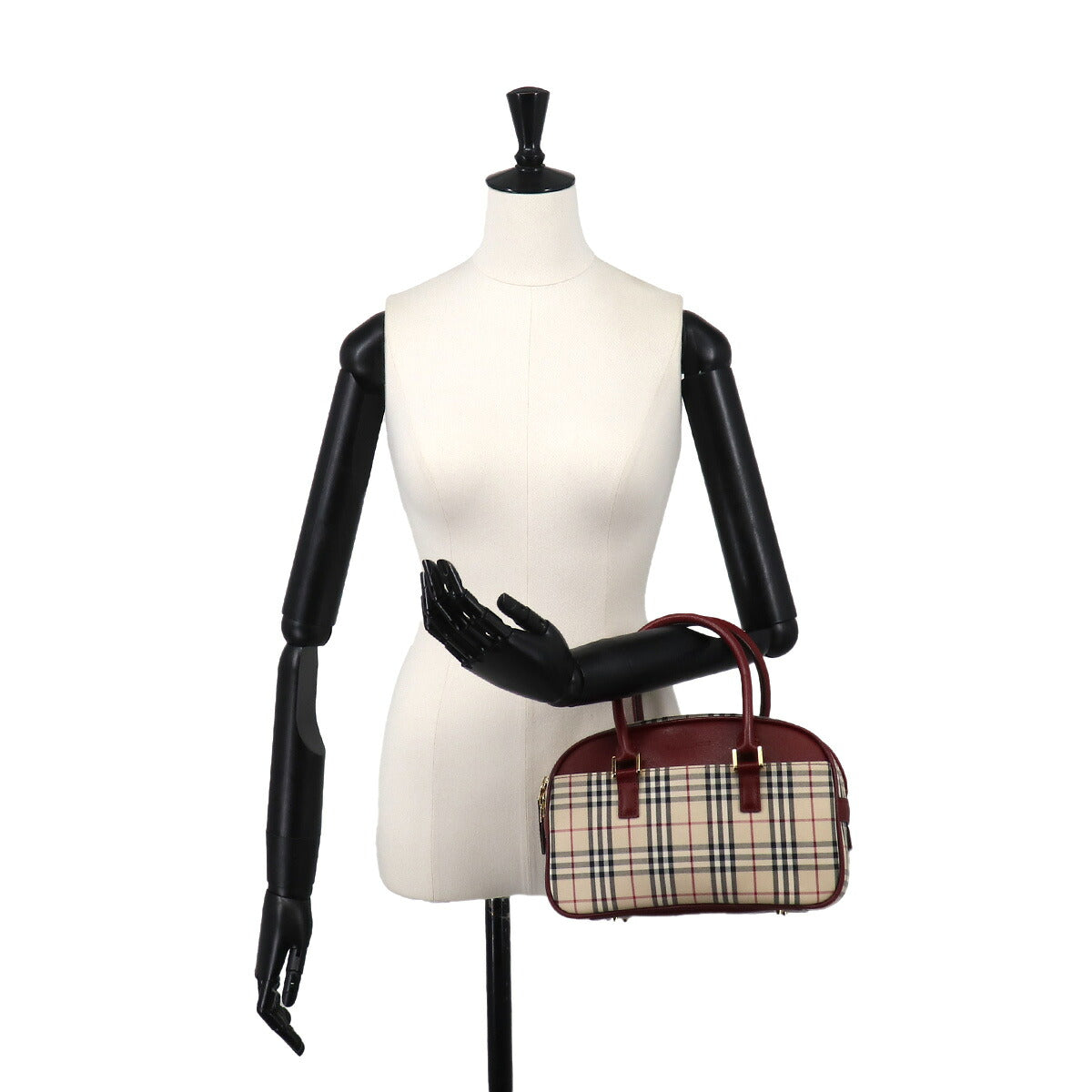 Plaid Mini Boston Hand Bag Canvas Leather Beige Bordeaux