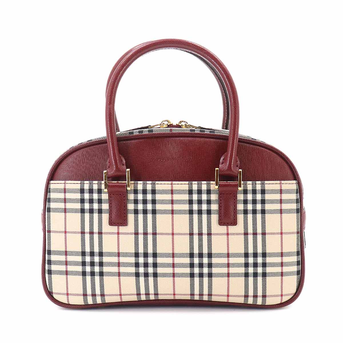 Plaid Mini Boston Hand Bag Canvas Leather Beige Bordeaux