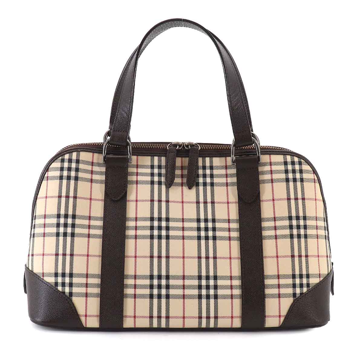 Plaid Mini Boston Hand Bag Canvas Leather Beige Black