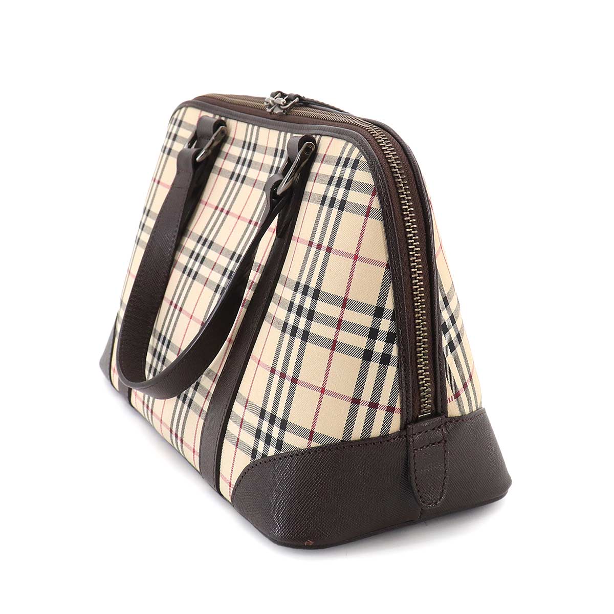 Plaid Mini Boston Hand Bag Canvas Leather Beige Black
