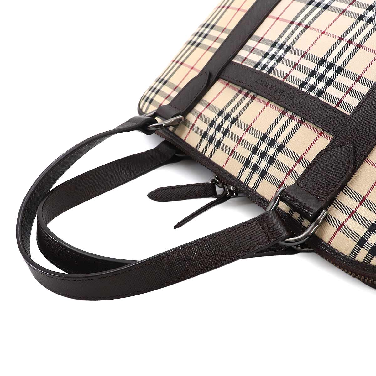 Plaid Mini Boston Hand Bag Canvas Leather Beige Black