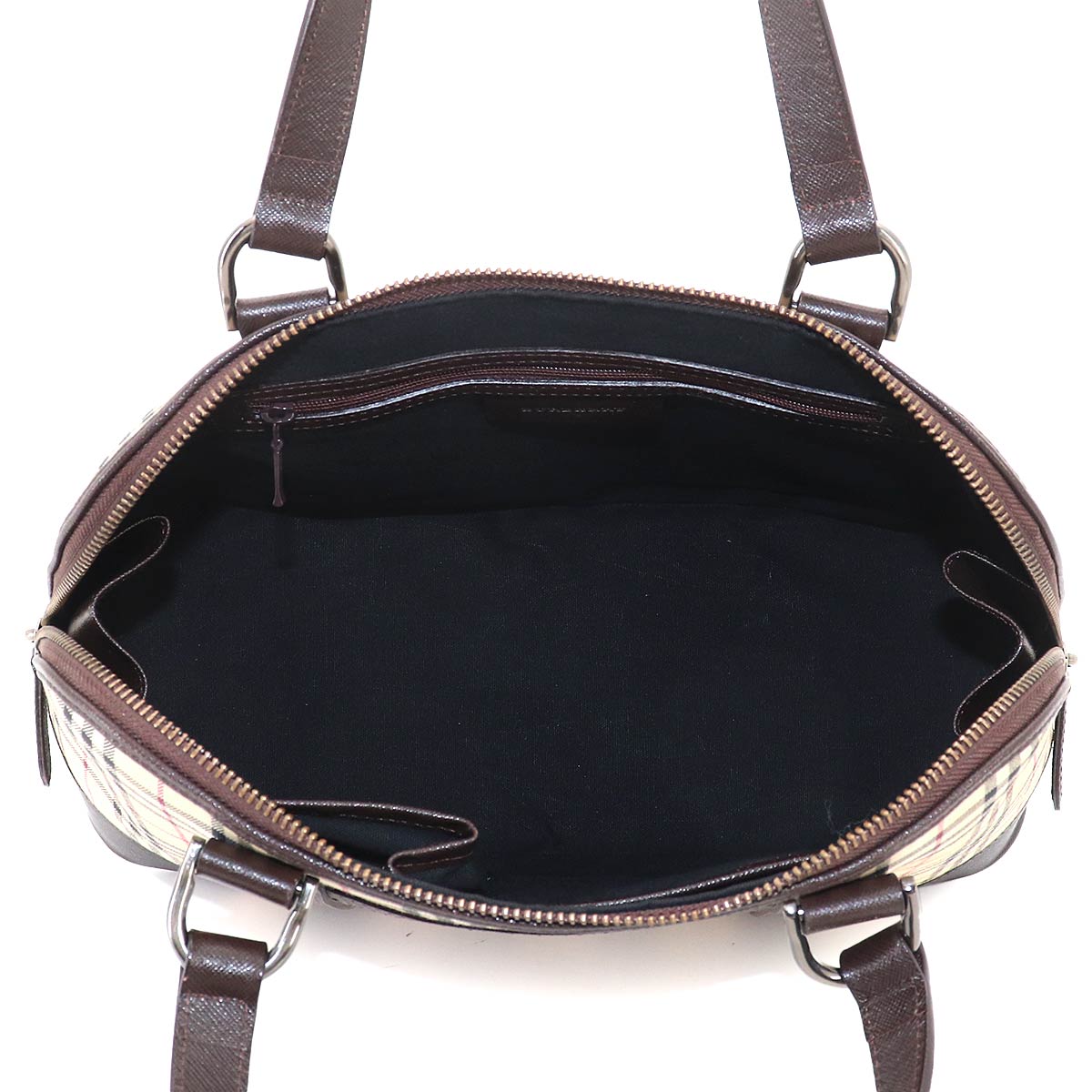 Plaid Mini Boston Hand Bag Canvas Leather Beige Black