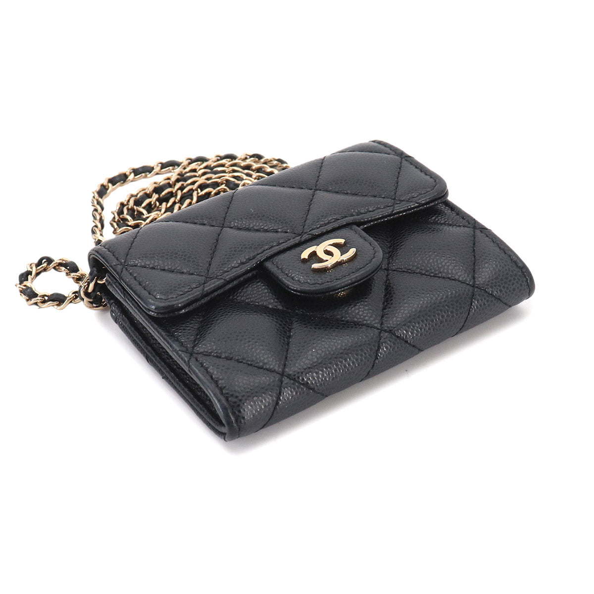 Matelasse Chain Coin Purse Case Leather Black AP0238