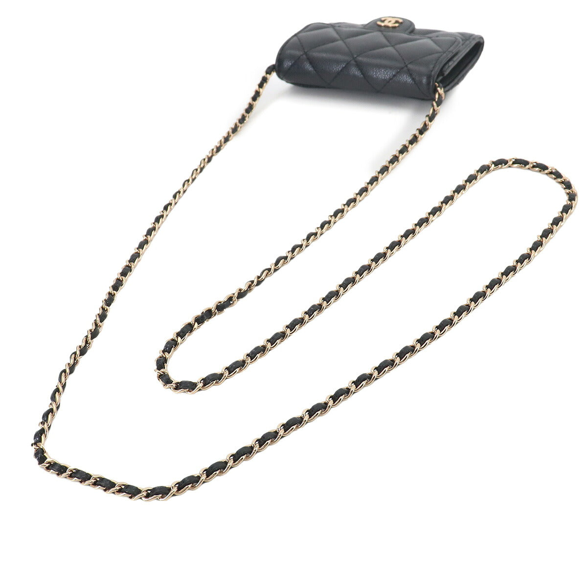 Matelasse Chain Coin Purse Case Leather Black AP0238