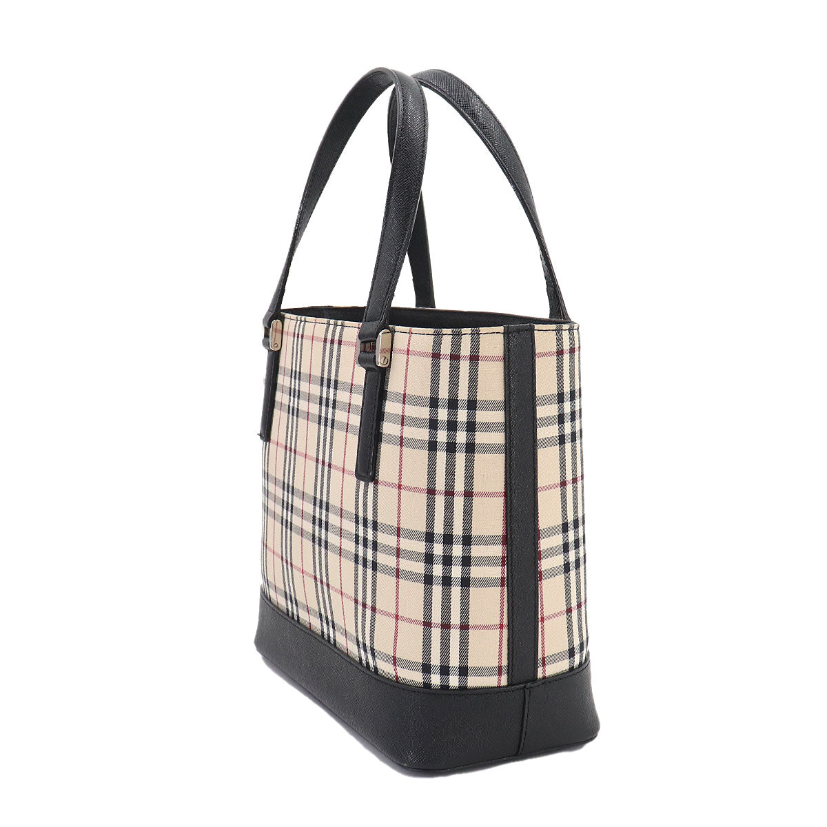 Plaid Hand Bag Canvas Leather Beige Black Purse