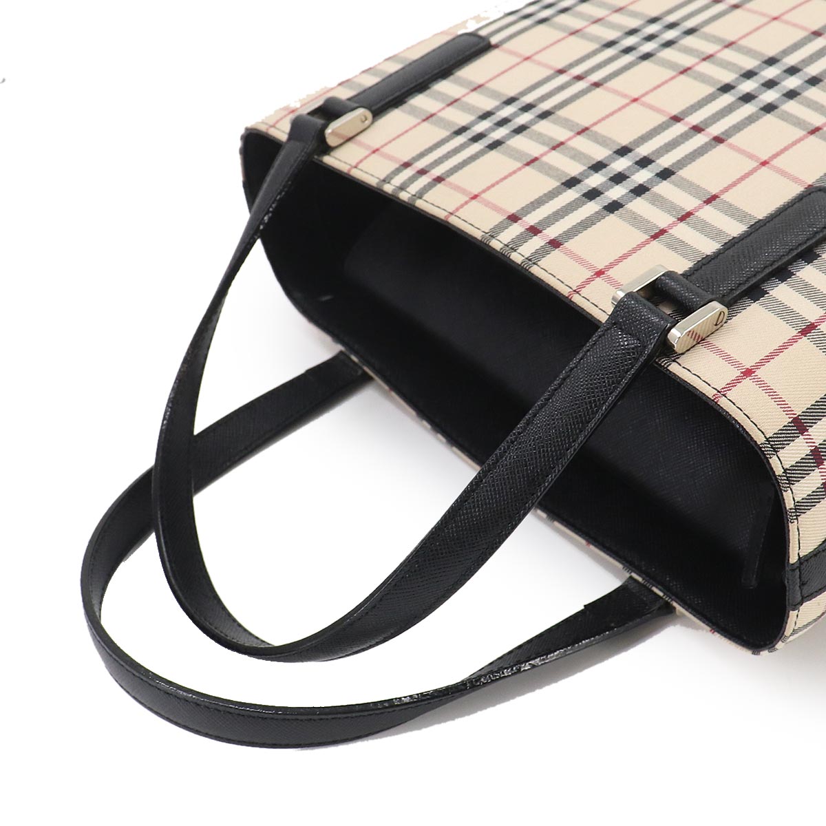 Plaid Hand Bag Canvas Leather Beige Black Purse