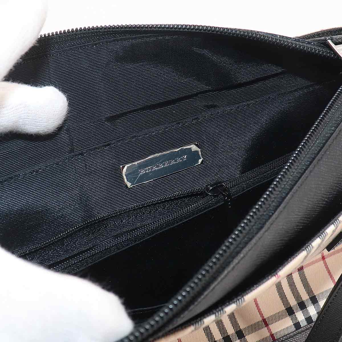 Plaid Hand Bag Canvas Leather Beige Black Purse