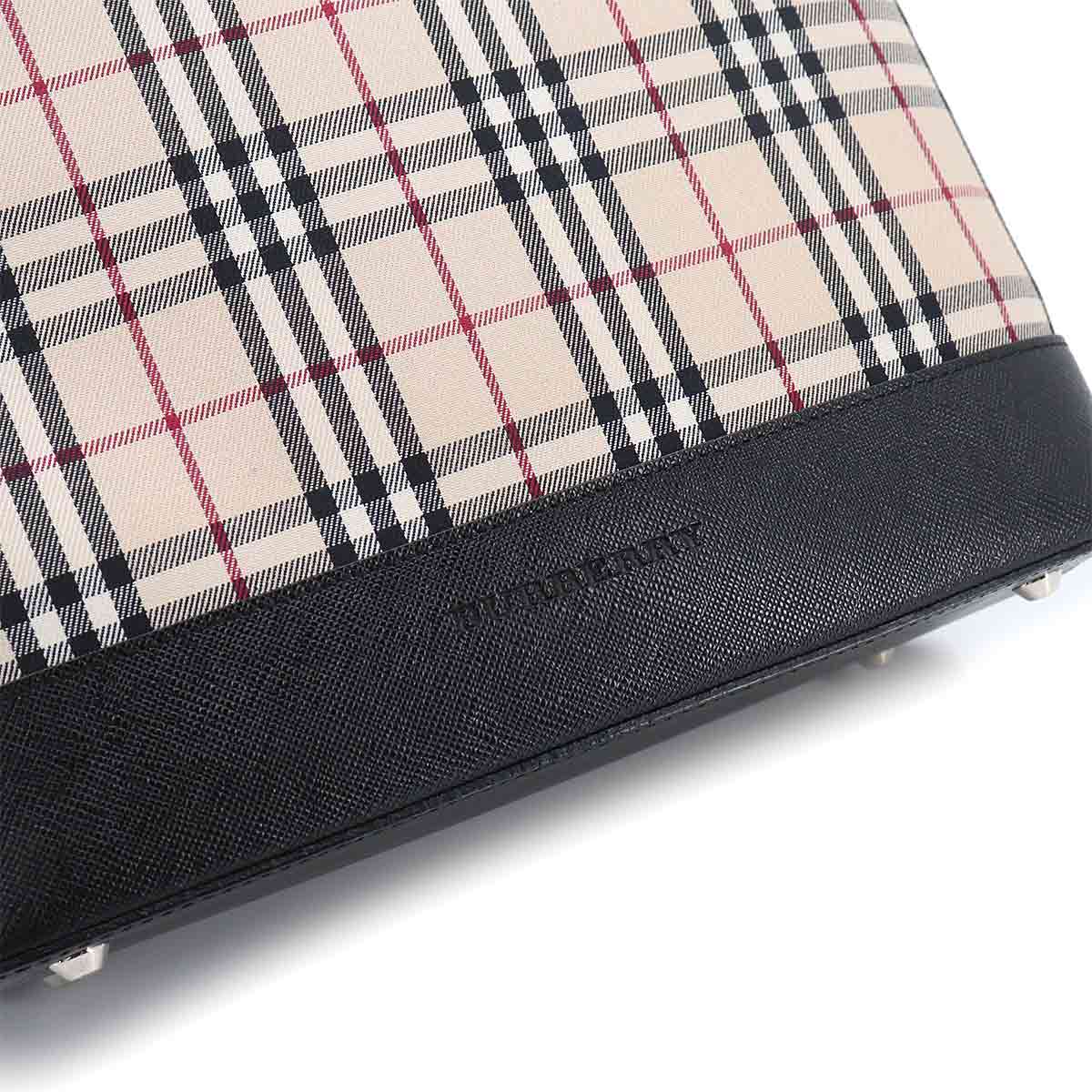 Plaid Hand Bag Canvas Leather Beige Black Purse
