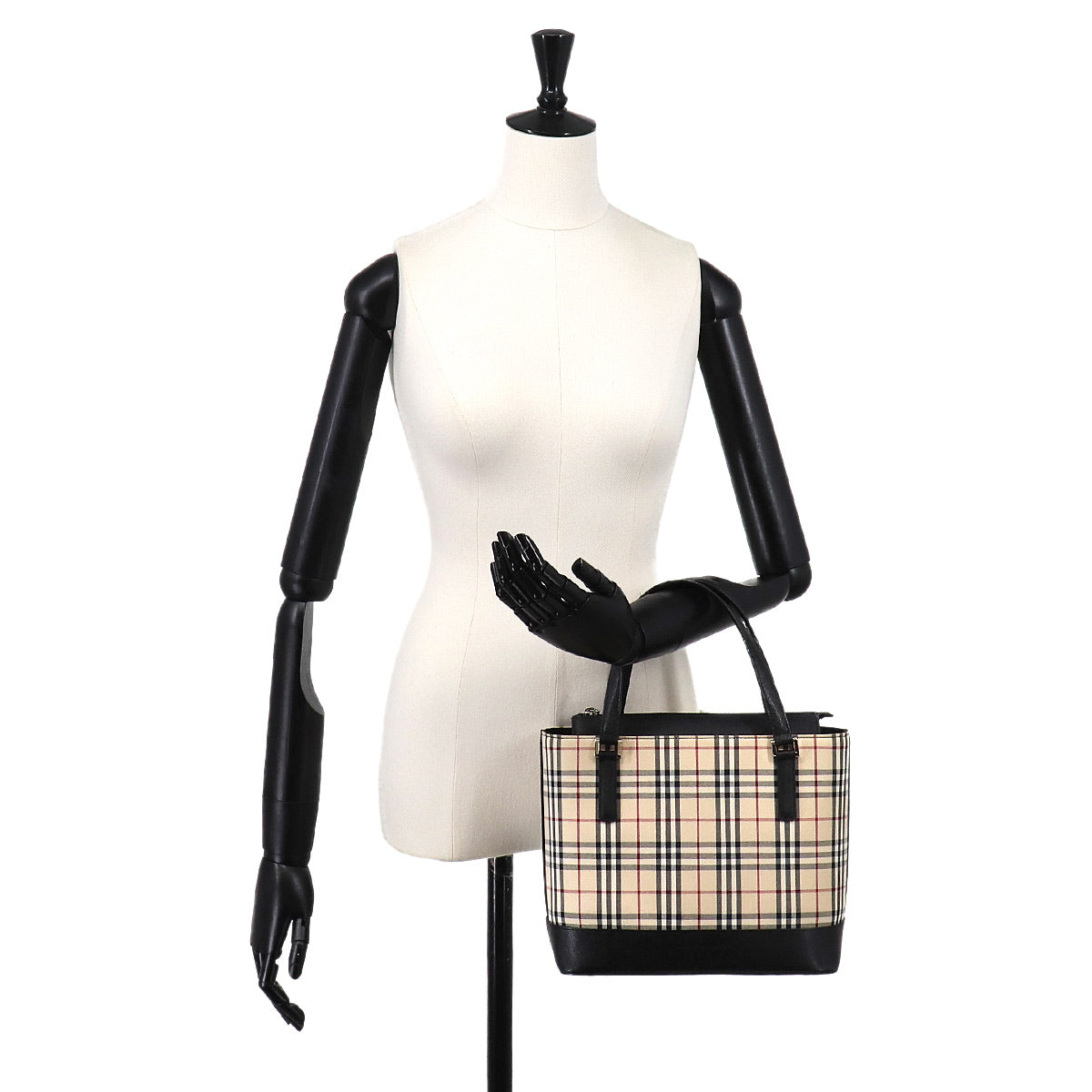 Plaid Hand Bag Canvas Leather Beige Black Purse