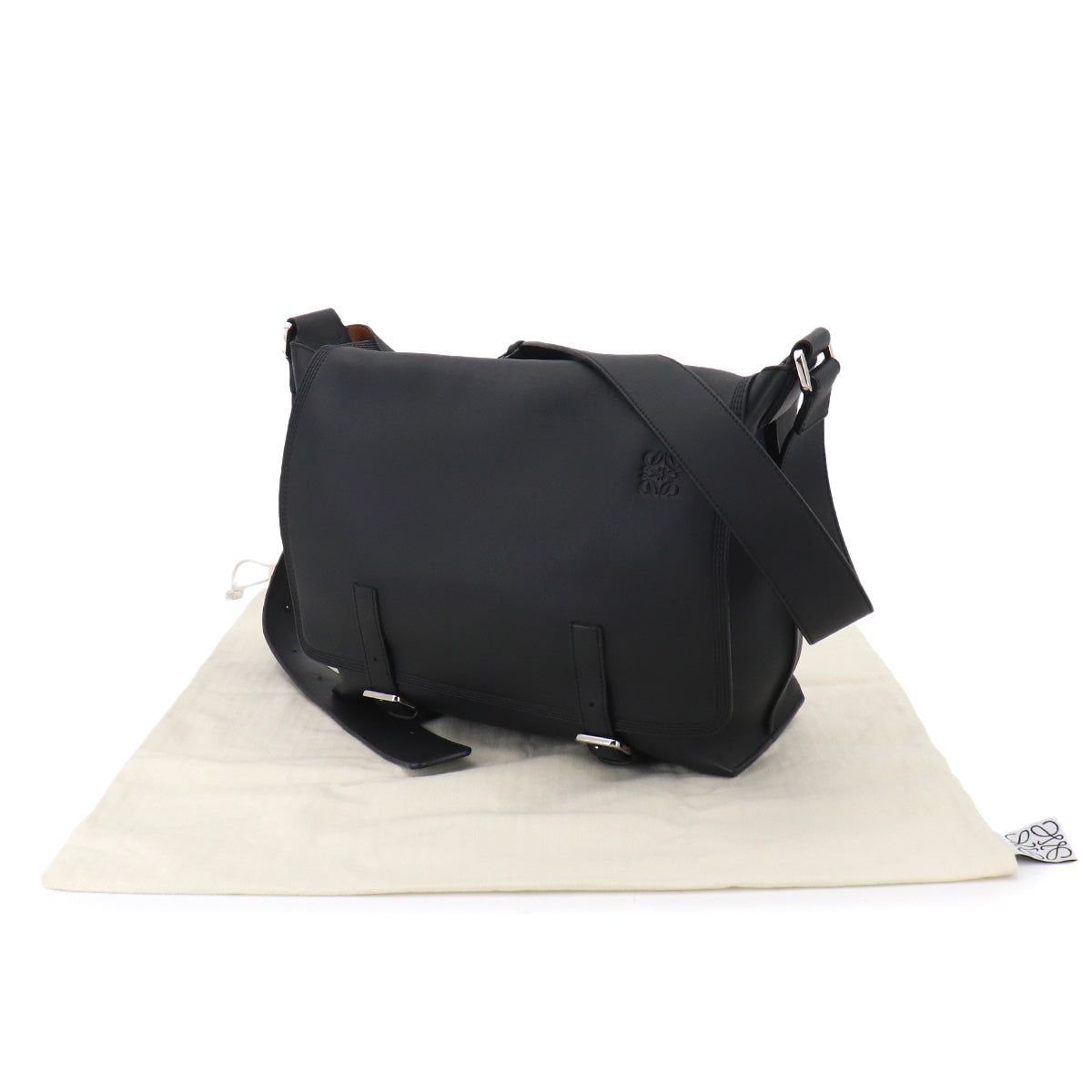 Military Messenger Shoulder Bag Leather Black Purse