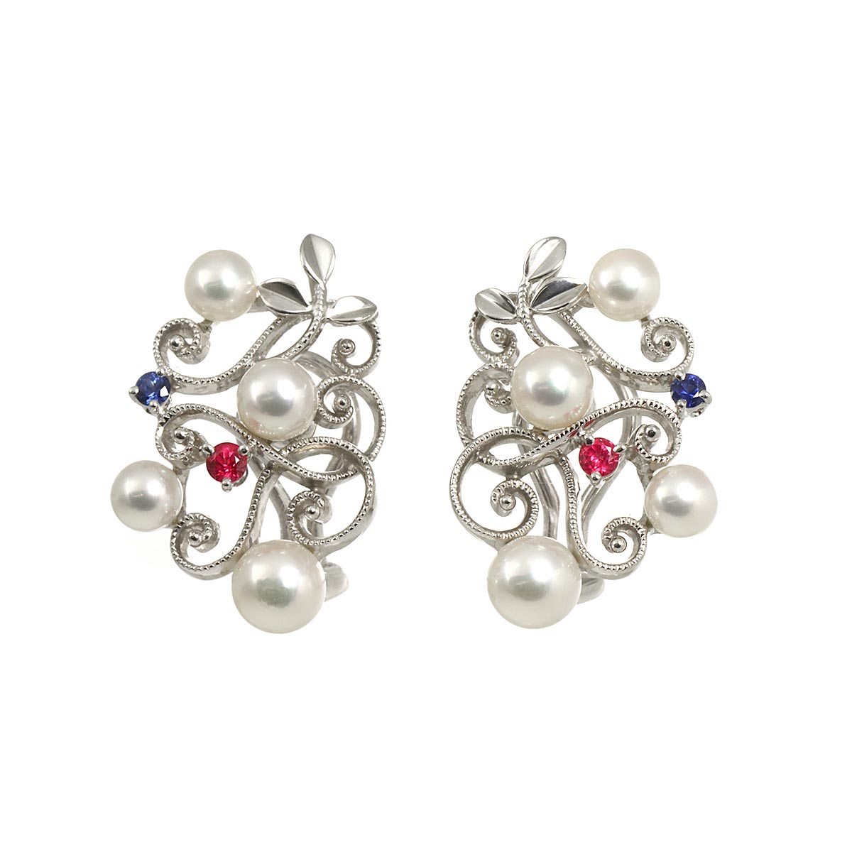 Akoya Pearl Ruby Sapphire Earrings Clip on 18K White Gold 750